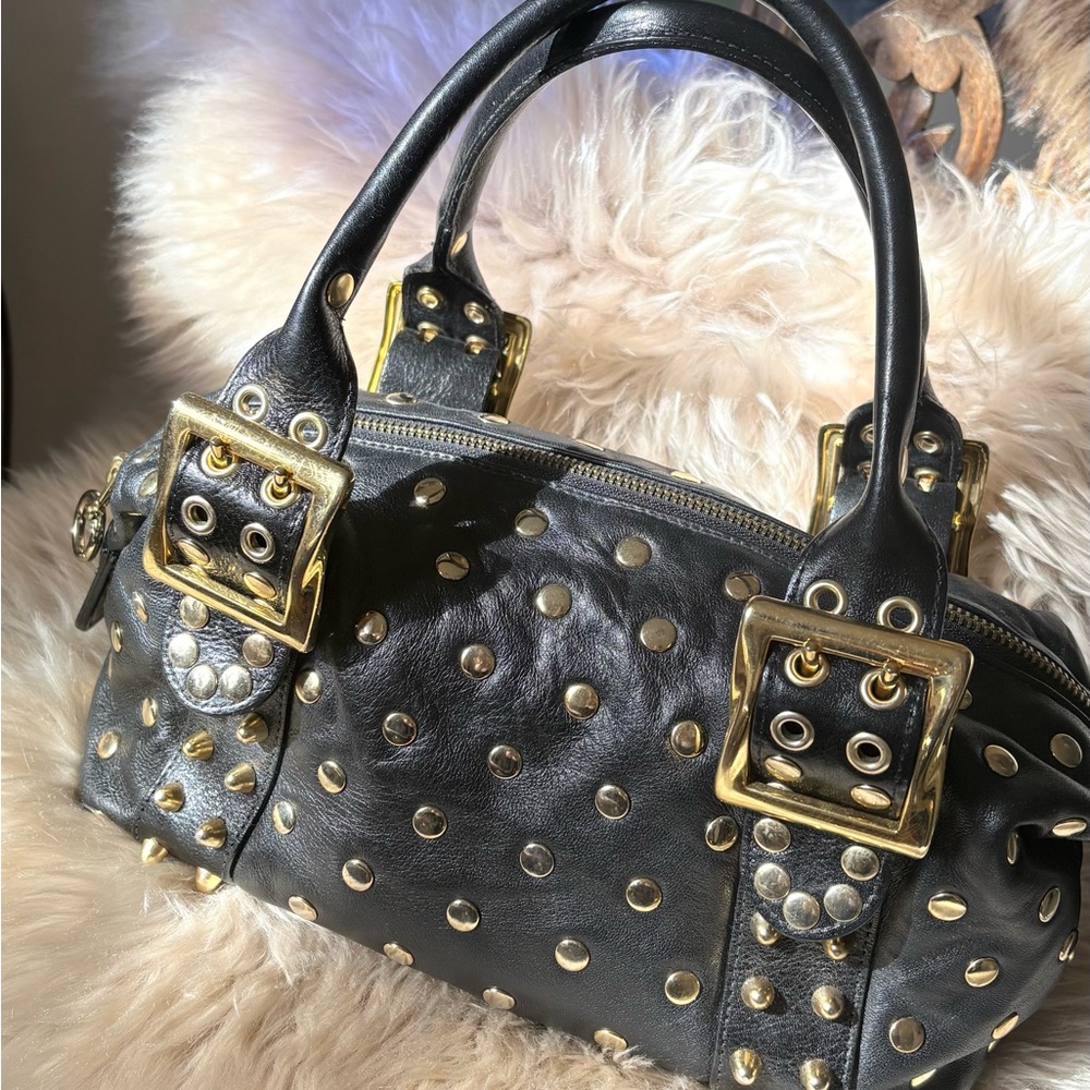 BE & D Super Fly Black Leather Satchel with Gold Studs